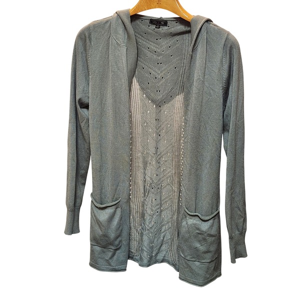 Lety & Me Sweaters - Lety & Me Sage Green Hooded Open Front Pointelle Knit Cardigan Sweater Small